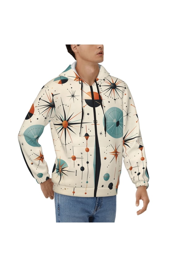 Hoodies for Men Zip Up Sweashirts Jacket Coat Hoodie, Star Retro Mid Century Vintage Atomic Art