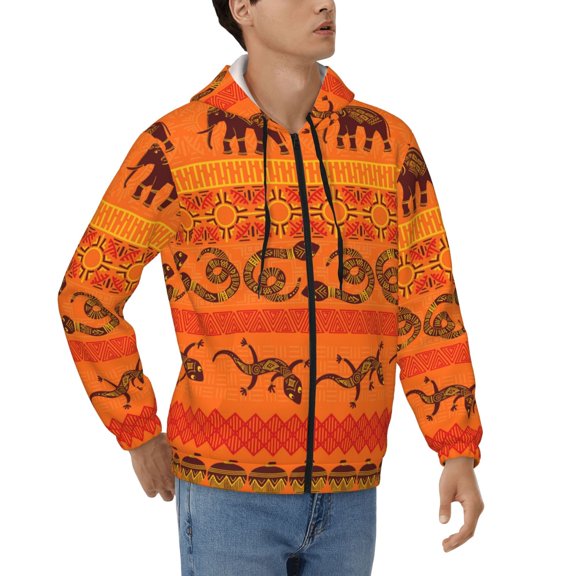 Hoodies for Men Zip Up Sweashirts Jacket Coat Hoodie, Tribal Ethnic Elephant African Geometric Lizard