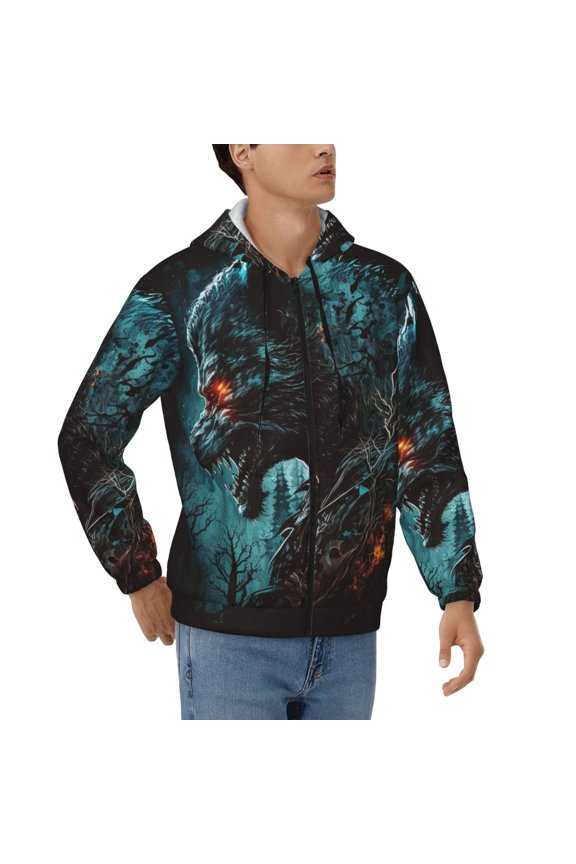 Hoodies for Men Zip Up Sweashirts Jacket Coat Hoodie, Werewolf Howling Night Cool Wolf