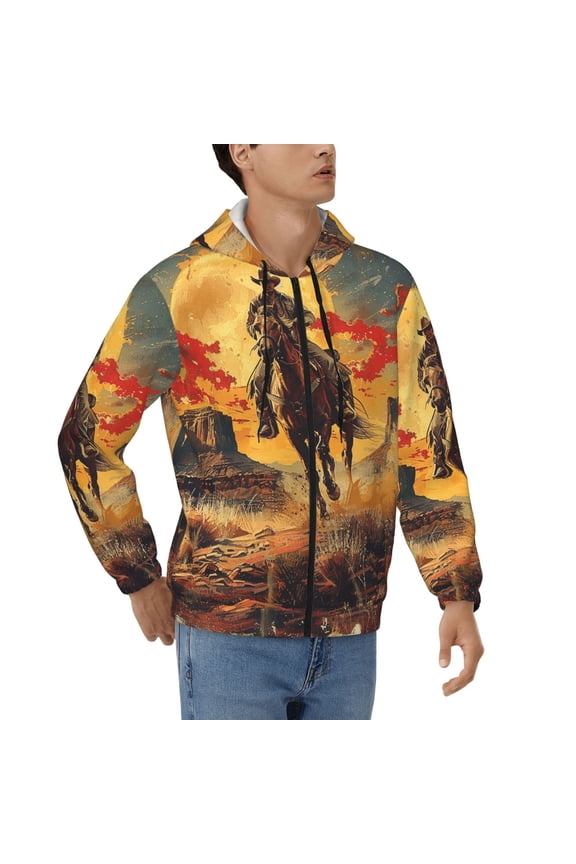 Hoodies for Men Zip Up Sweashirts Jacket Coat Hoodie, Western Desert Cowboys Vintage Art