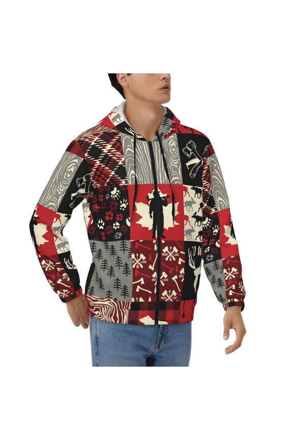 Hoodies for Men Zip Up Sweashirts Jacket Coat Hoodie, Wildlife Wood Plaid And Lumberjack Symbols