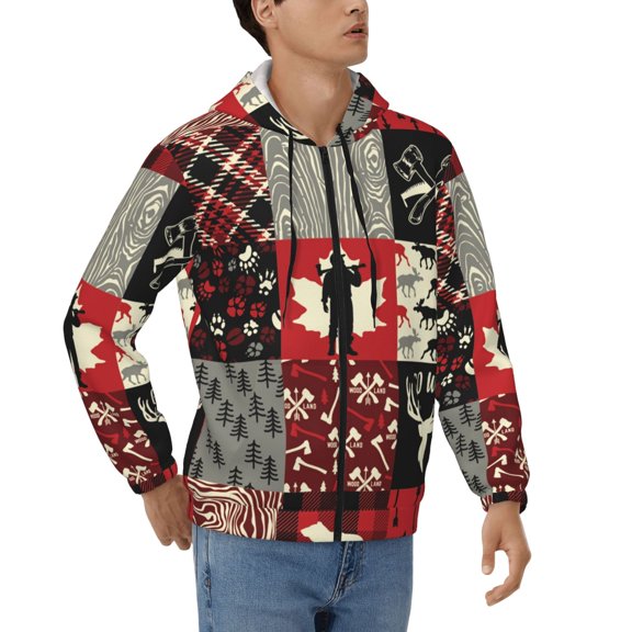 Hoodies for Men Zip Up Sweashirts Jacket Coat Hoodie, Wildlife Wood Plaid And Lumberjack Symbols