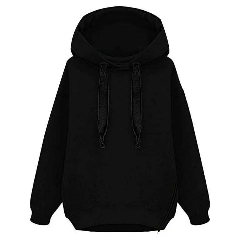 Hoodies for Teen Girls Thick Drawstring Hood Sweatshirt Side Zipper Split  Tops Daily Wearing for Adults 3XL Black