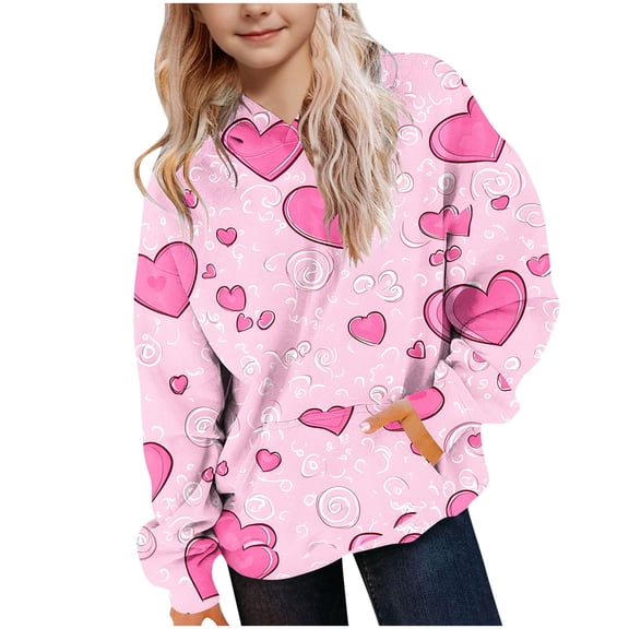 Hoodies for Teen Girls Valentine's Day Casual Long Sleeve Crewneck Sweatshirt 2026 Cute Hooded Pullover Tops with Pockets Size 3-14
