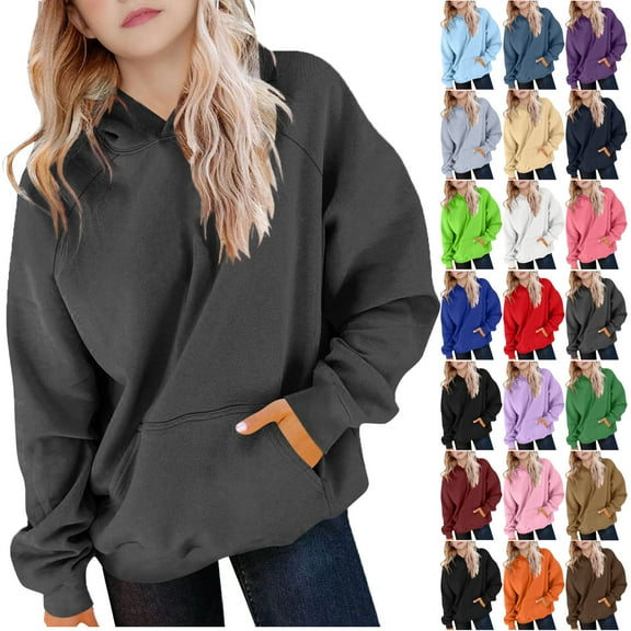 Hoodies for Teen Girls and Boys Oversized Sweatshirts Juniors Unisex Youth Spring Fall Solid Color Long Sleeve Hooded Sweatshirts(5-14 Years)