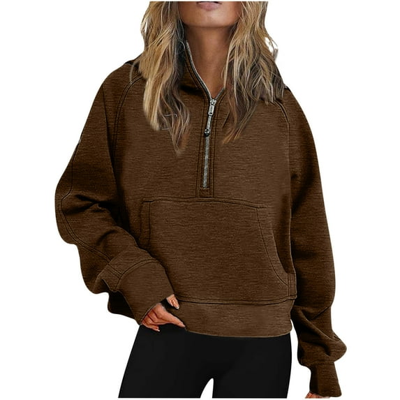 Hoodies for Women 1/4 Zip Fleece Jumper Sweatshirt Winter Jackets Sweater Coat Gym Sport Outerwear with Pockets (S, Brown)