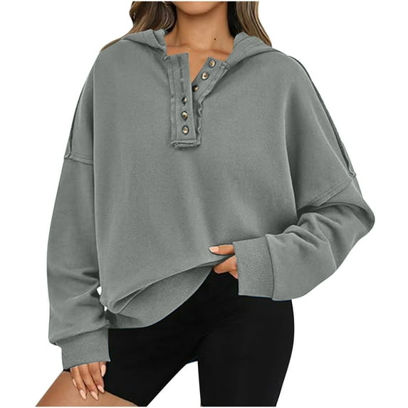 Womens Sweatshirt Plus Size Hooded V Neck Button Down Long Sleeve Casual Loose Solid Color Pullover 2025 Fall Trendy Tunic Tops,Gray,M