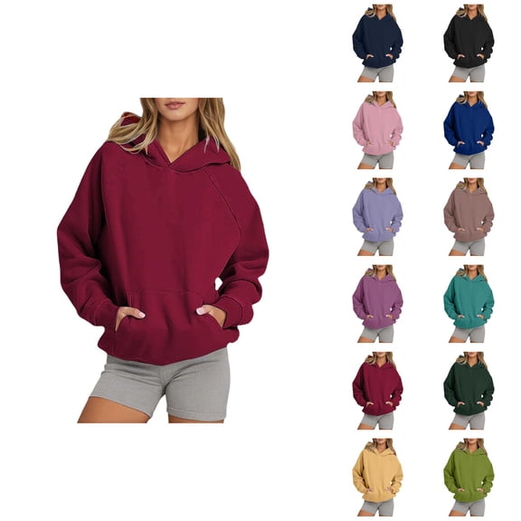 Hoodies for Women 2025 Long Sleeve Drop Shoulder Plain Essentials Hoodie with Pockets Hooded Sweatshirt Women Pullover