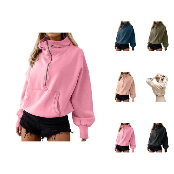 Hoodies for Women 2025 Long Sleeve Half Zipper Plain Loose Hoodie with Pockets Hooded Sweatshirt Women Pullover
