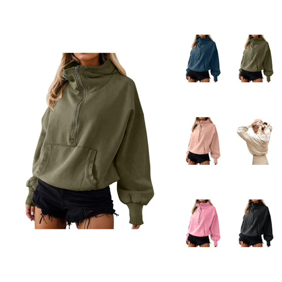 Hoodies for Women 2025 Long Sleeve Half Zipper Plain Loose Hoodie with Pockets Hooded Sweatshirt Women Pullover