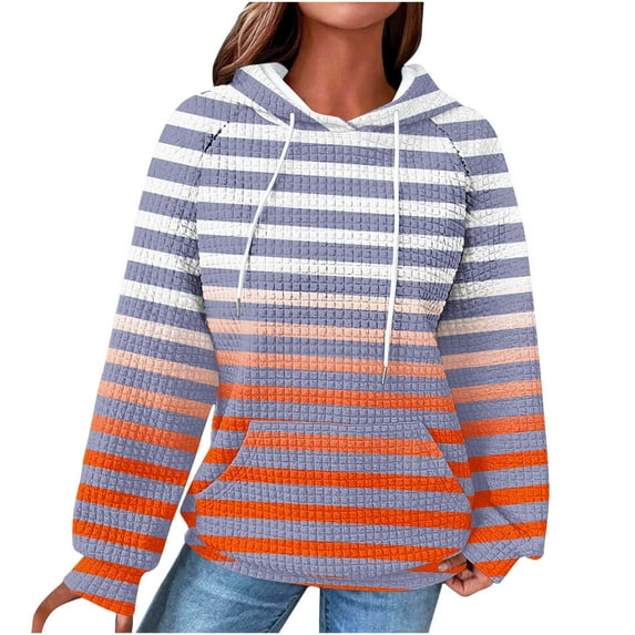 Hoodies for Women 2025 Trendy Long Sleeve Waffle Drawstring Sweatshirt Casual Loose Color Block Gradient Blouse Tops