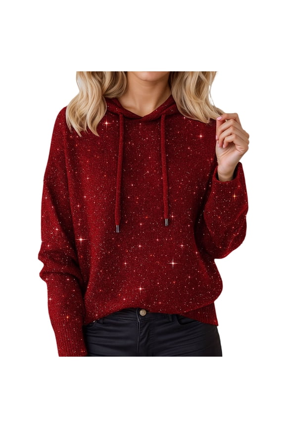 Hoodies for Women 2026 Sparkle Glitter Drawstring Long Sleeved Knit Sweatshirts Casual Y2K Spring Party Relaxed Fit Tops