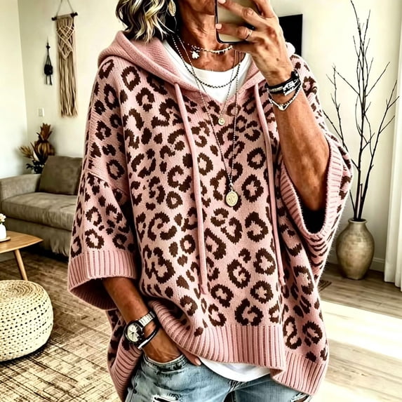 Hoodies for Women 3/4 Sleeve Leopard Graphic Hooded Pullover Sweatshirt Relaxed Fit Casual Fall Y2K Going Out Sweatshirt