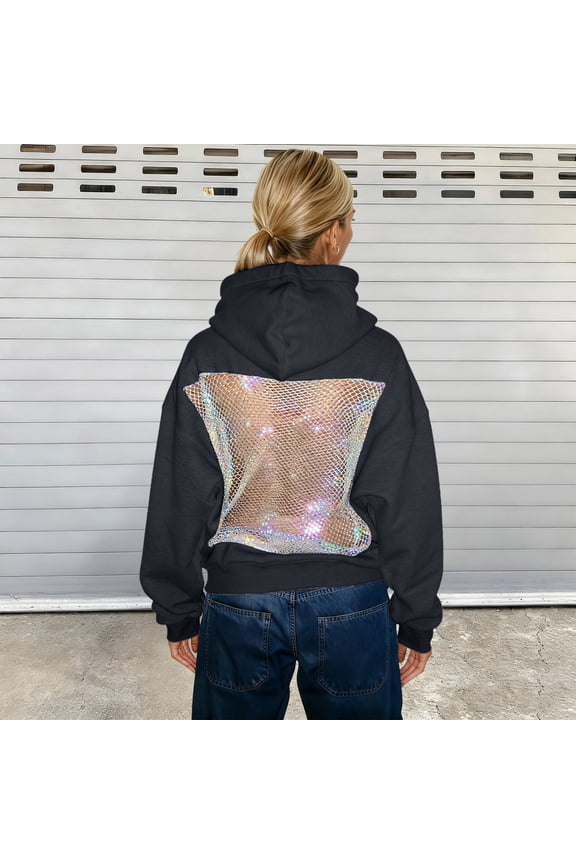 Hoodies for Women Black Ladies Solid Backless Mesh Hoodie Fall Winter Casual Streetwear Womens Sweatshirt XS