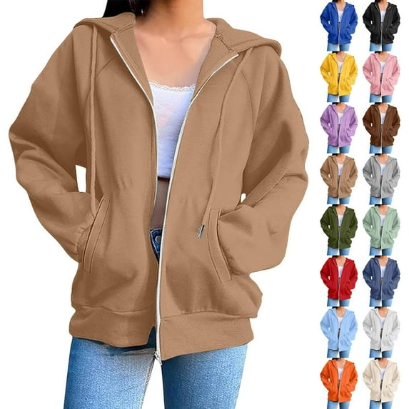 Hoodies for Women Blouse Long Sleeve Pockets Hoodied 2025 Winter Clothes Khaki M