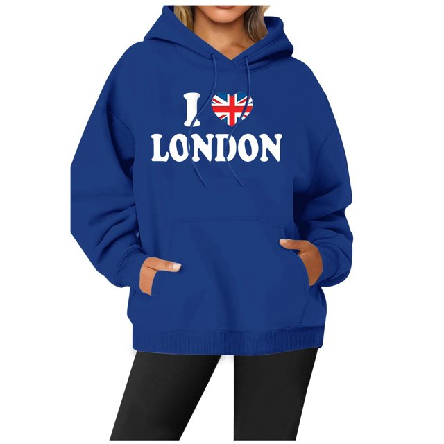 Hoodies for Women British Letter Printed Drawstring Pocket Round Neck