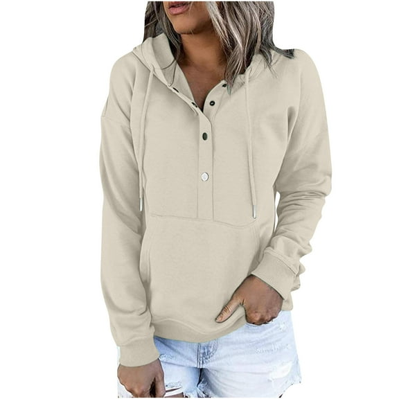 Hoodies for Women Button V Neck Plain Sweatshirts Autumn Winter Solid Color Hooded Pullover Ladies Hoody Sweatshirt Jump