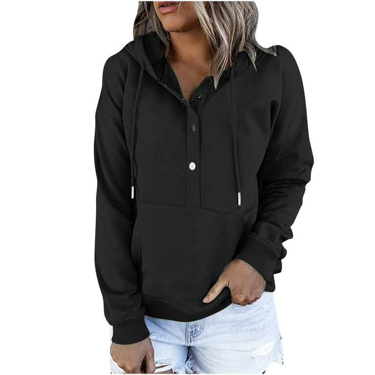 Hoodies for Women Button V Neck Plain Sweatshirts Autumn Winter Solid Color Hooded Pullover Ladies Hoody Sweatshirt Jump