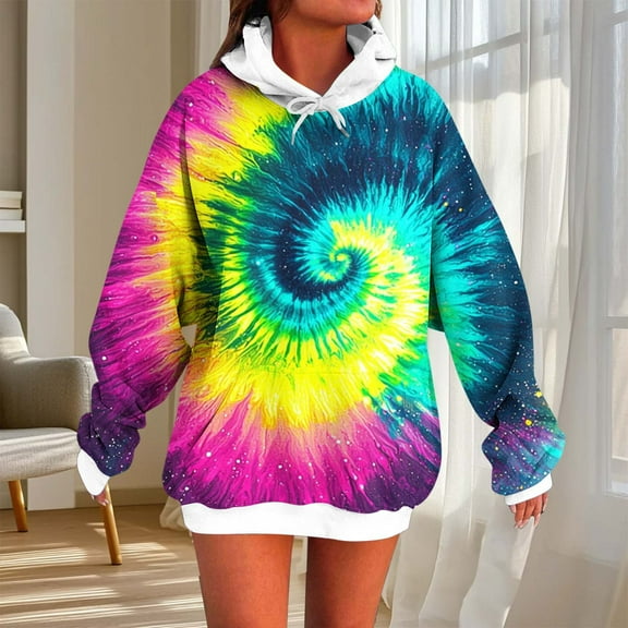 Hoodies for Women Camo Tie-dyed Tops Pullover Hooded Sweatshirt Drawstring with Pocket Hot Pink M