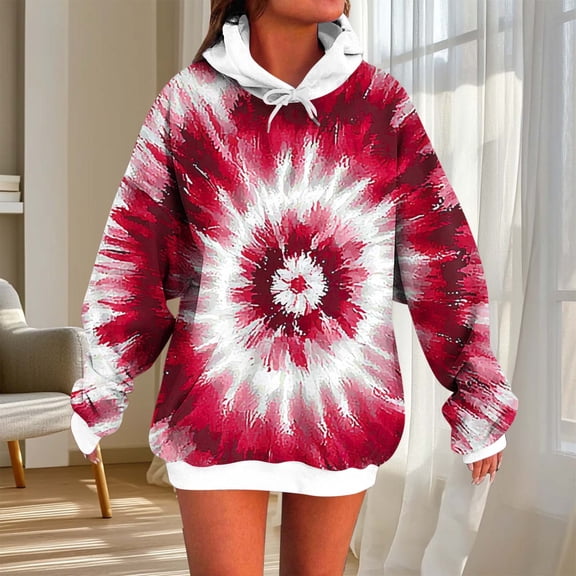 Hoodies for Women Camo Tie-dyed Tops Pullover Hooded Sweatshirt Drawstring with Pocket Wine M