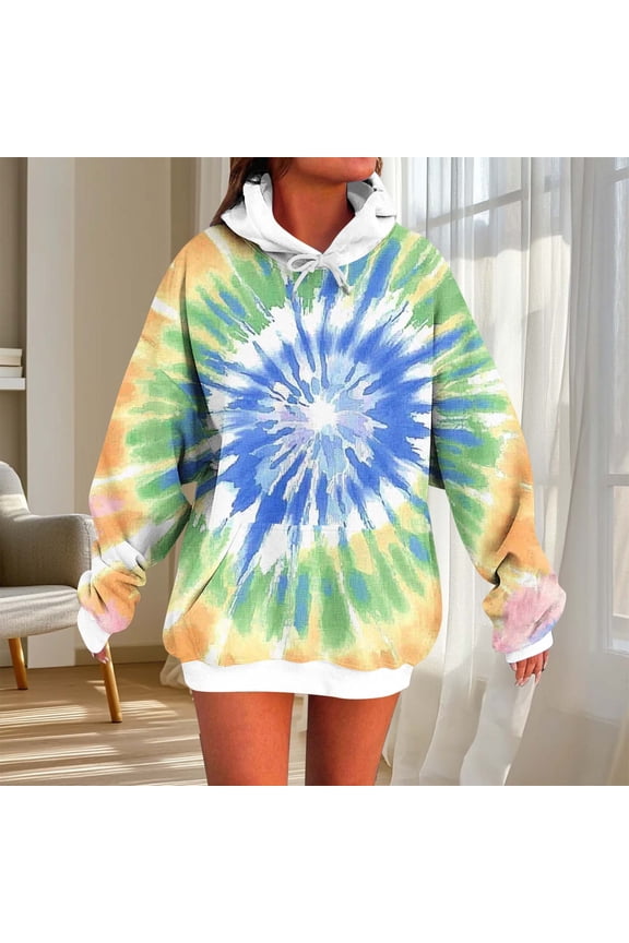 Hoodies for Women Camo Tie-dyed Tops Pullover Hooded Sweatshirt Drawstring with Pocket Yellow XL