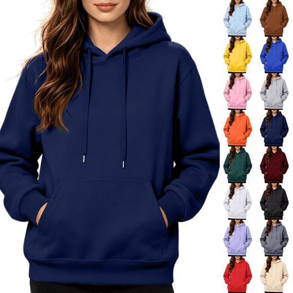 Hoodies for Women Casual Drawstring Hooded Sweatshirts Pullover Fall Winter Clothing with Hood and Pocket Navy S