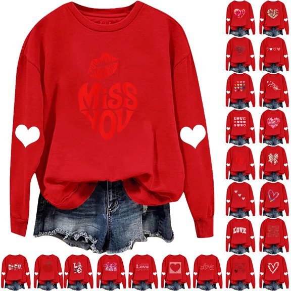 Sweatshirt for Women Casual Loose Valentines Day Printed Pullover Blouse Long Sleeved Crew Neck Comfortable Women Tops