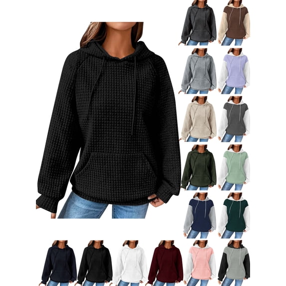 Hoodies for Women Casual Pullover Waffle Long Sleeve Drawstring Hooded Sweatshirt With Pocket Black L