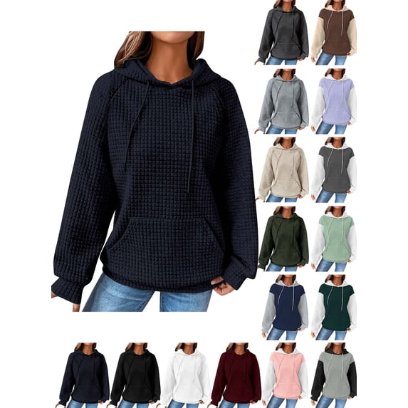 Hoodies for Women Casual Pullover Waffle Long Sleeve Drawstring Hooded Sweatshirt With Pocket Navy Xxl