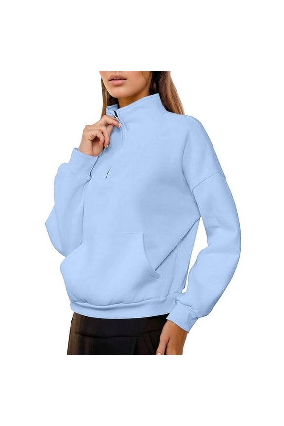 Hoodies for Women Cheap Fall Winter Loose Fit Mock Neck Long Sleeve Kimono Off the Shoulder Half Zip Plain Leisure Cotton Pullover Top(Blue,L)