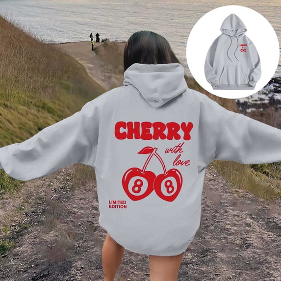 Hoodies for Women Cherry Graphic Back Print Oversized Pullover Hooded Sweatshirt Y2K Streetwear Top Fall Spring Outfits Grey XL