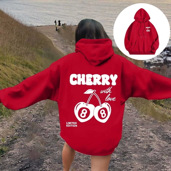 Hoodies for Women Cherry Graphic Back Print Oversized Pullover Hooded Sweatshirt Y2K Streetwear Top Fall Spring Outfits Red M