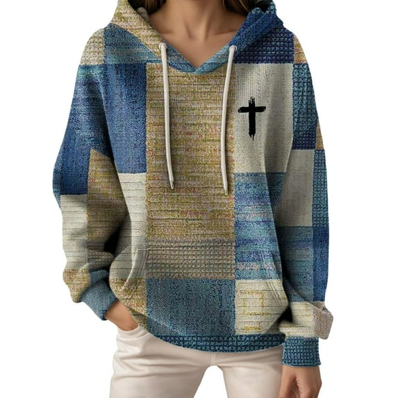 Hoodies for Women Christian Religious Jesus Faith Cross Print Long Sleeve Sweatshirts Drawstring Casual Relaxed Fit Tops with Pocket