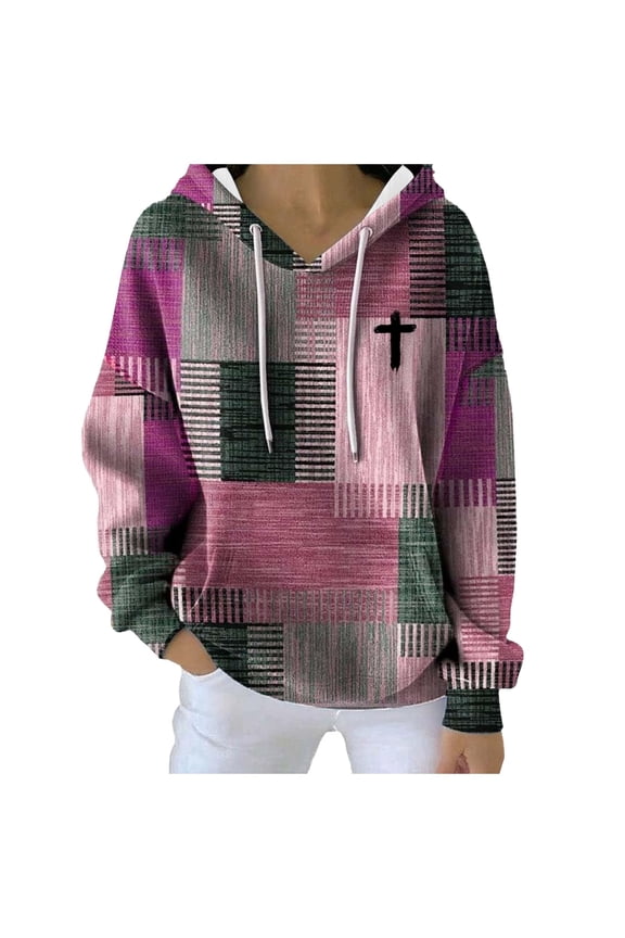 Hoodies for Women Christian Retro Patchwork Graphic Long Sleeve Drawstring Sweatshirts Color Block Casual Loose Tops with Pocket