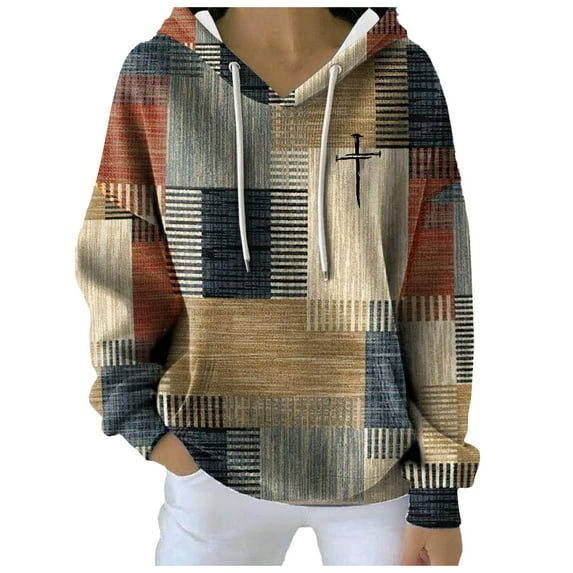 Hoodies for Women Christian Retro Patchwork Graphic Long Sleeve Drawstring Sweatshirts Color Block Casual Loose Tops with Pocket