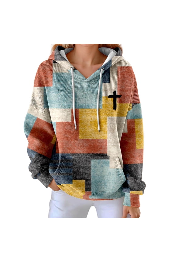 Hoodies for Women Christian Retro Patchwork Graphic Long Sleeve Drawstring Sweatshirts Color Block Casual Loose Tops with Pocket