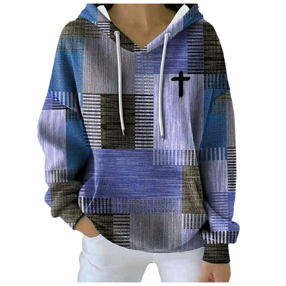 Hoodies for Women Christian Retro Patchwork Graphic Long Sleeve Drawstring Sweatshirts Color Block Casual Loose Tops with Pocket