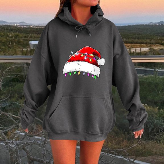 Hoodies for Women Christmas Print Long Sleeve Pullover Oversized Soft Cozy Sweatshirt with Pocket Holiday Casual Fall Winter Warm Top