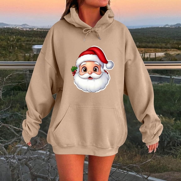 Hoodies for Women Christmas Print Long Sleeve Pullover Oversized Soft Cozy Sweatshirt with Pocket Holiday Casual Fall Winter Warm Top