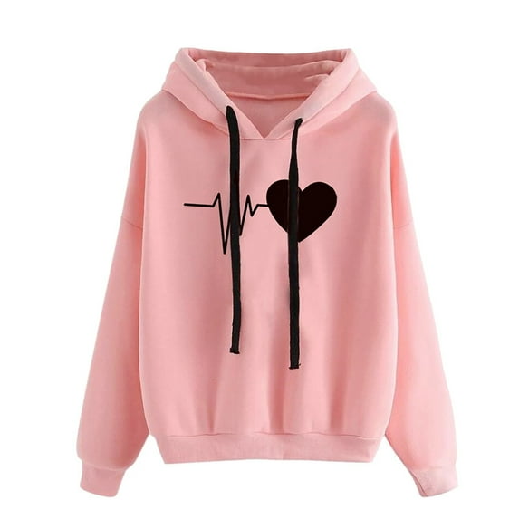 Hoodies for Women Clearance! ZVNAΖH Women's Love Heart Graphic Print Long Sleeve Drawstring Hoodie Valentine's Day Hooded Sweatshirt with Pockets