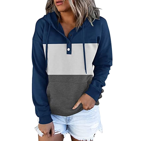 Hoodies for Women Clor Block Basic Womens Hoodies Tops Button Collar Drawstring Hoodies Pullover Sweatshirt Alsol Lamesa