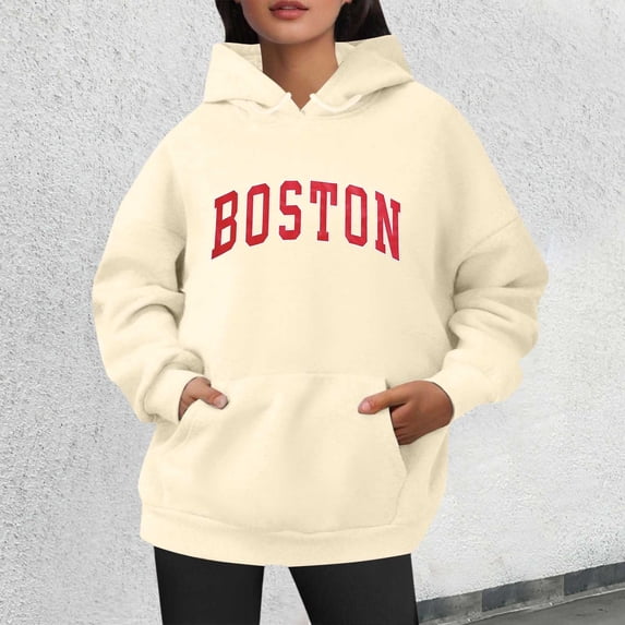 Hoodies for Women Crewneck Loose Fit Holiday Tops Boston Print Long Sleeve Fall Basic Sweatshirts