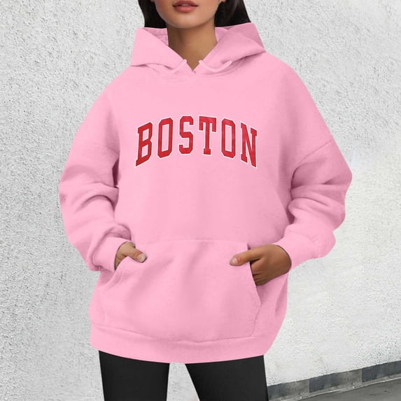 Hoodies for Women Crewneck Loose Fit Holiday Tops Boston Print Long Sleeve Fall Basic Sweatshirts