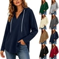 thumbnail image 1 of Hoodies for Women Curved Hem Long Sleeve Hooded Tops Womens V Neck Drawstring Side Split Plus Size Loose Fall Casual Sweatshirts, 1 of 8