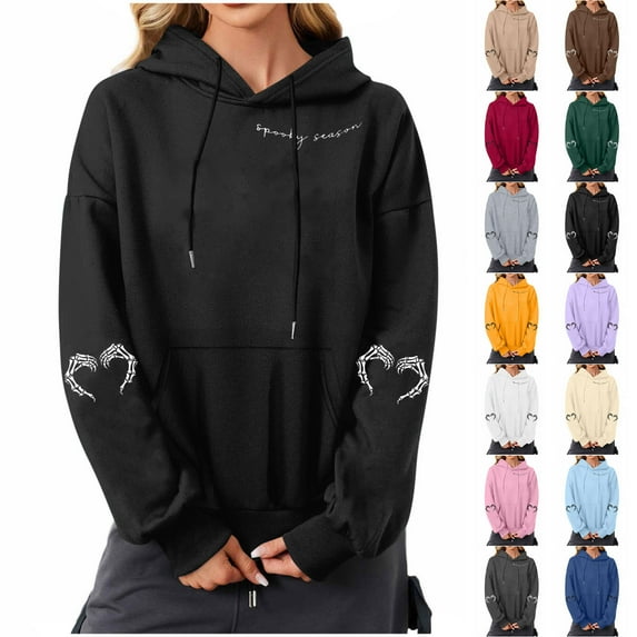 Hoodies for Women Cute Heart Graphic Hoodies Casual Halloween Drawstring Pullover Hooded Sweatshirt with Pocket L