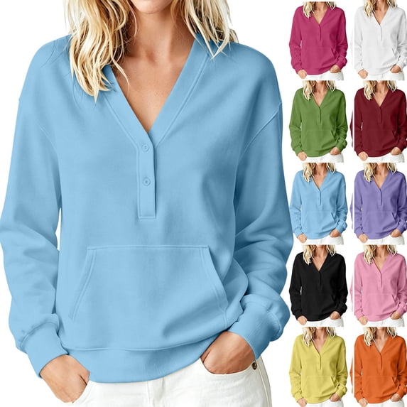 Hoodies for Women Dqueduo Women's Casual No-Hood Button-Down V-Neck Pocket Long-Sleeve Sweatshirt Blue XL
