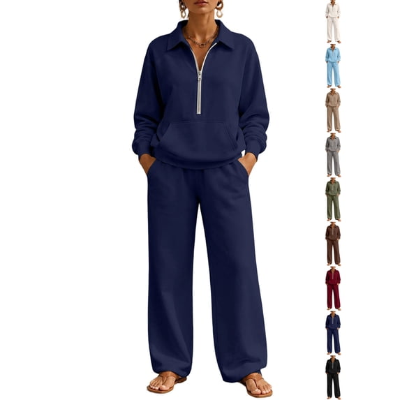 Hoodies for Women Dqueduo Women's Fall Winter Lapel Long Sleeve Patch Pocket Hoodie And Wide Leg Pants Suit, Sizes S-XXL