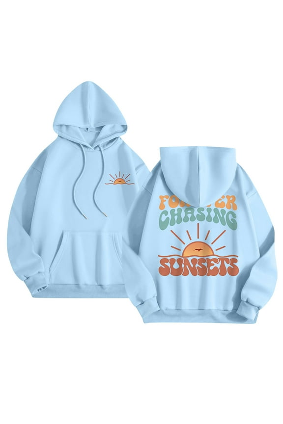 Hoodies for Women FOREVER CHASING SUNSETS Letter Printing Drawstring Long Sleeve Hooded Sweatshirt Floral Graphic Oversized Pullover with Pockets