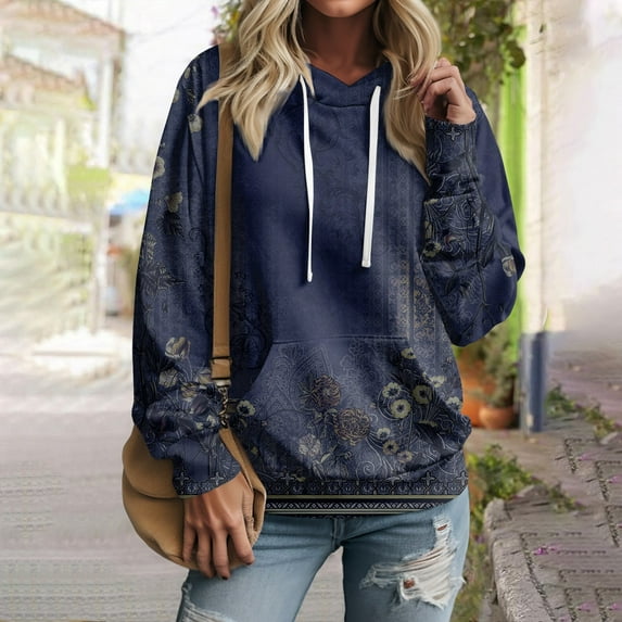 Hoodies for Women Fall And Winter Print Tops Pullover Hooded Sweatshirt Drawstring with Pocket