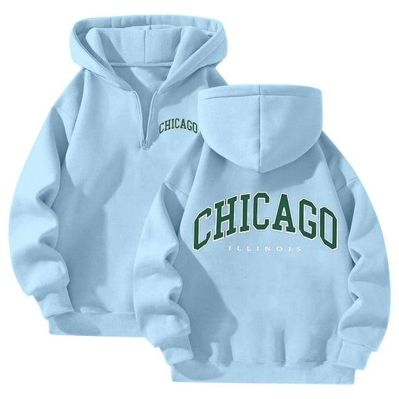 Hoodies for Women Fall Fashion 2025 Trendy Pullover Hooded Sweatshirts with Pocket Long Sleeve Letter CHICAGO Printed Hoodie Clothes (Light Blue, L)